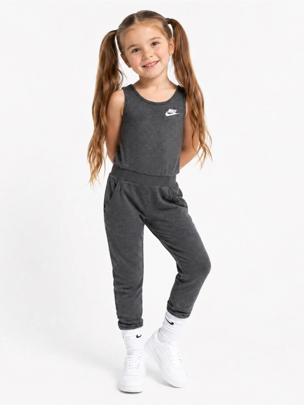 Nike Girls Gray Sleeveless Jogger Jumpsuit Romper Swoosh Pockets Size 6